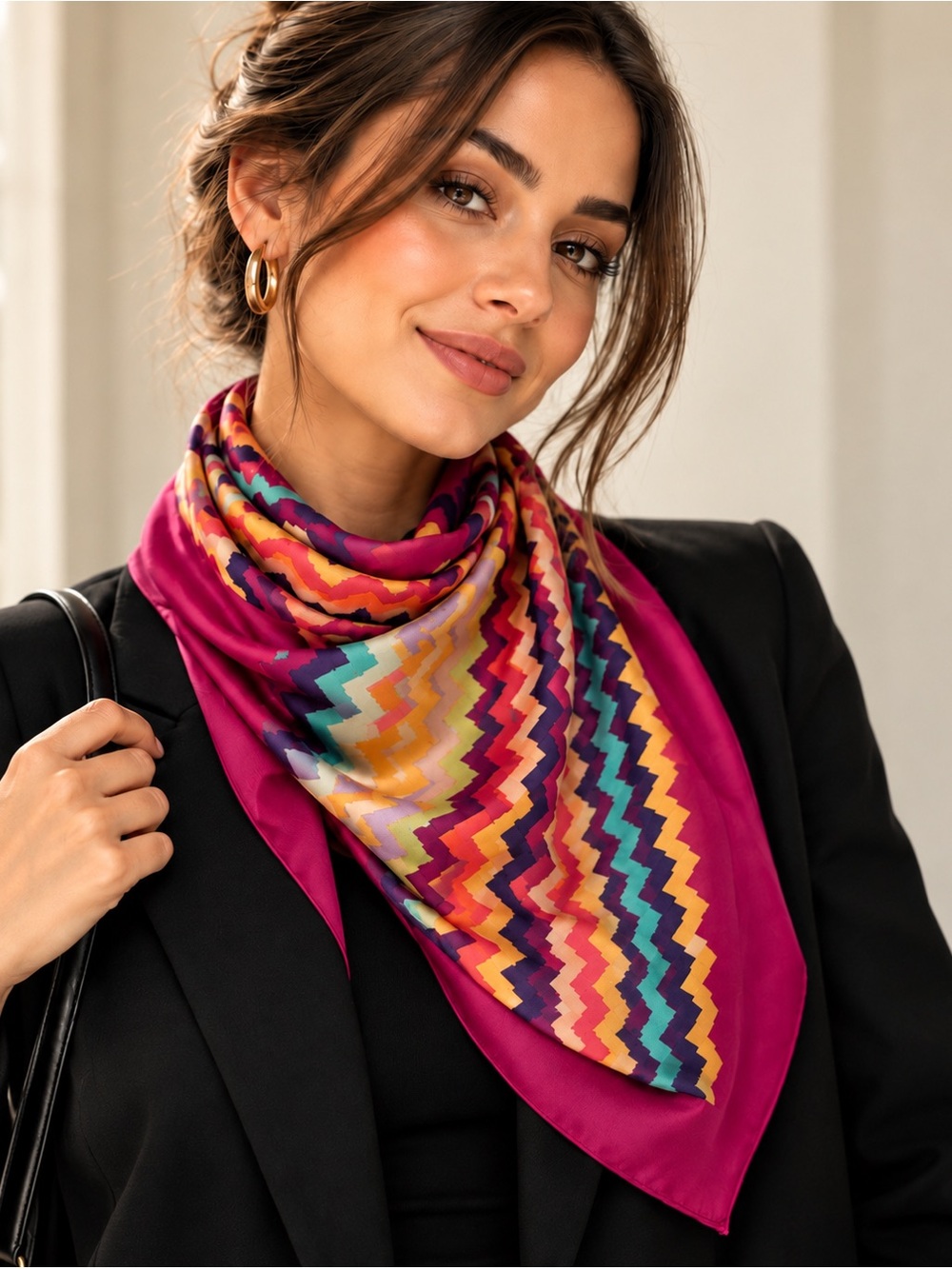 PARK BRAVO Multicolor Chevron Silk-Like Scarf Magenta Statement Wrap